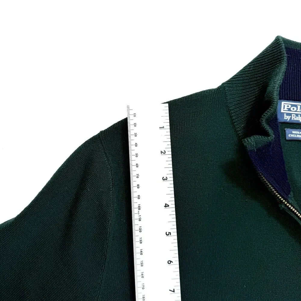 Polo Ralph Lauren Mens Large 100% Merino Wool 2 Way Full Zip Sweater Dark Green